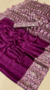 Eggplant Purple Mango Floral Ajrakh Gajji Silk Saree